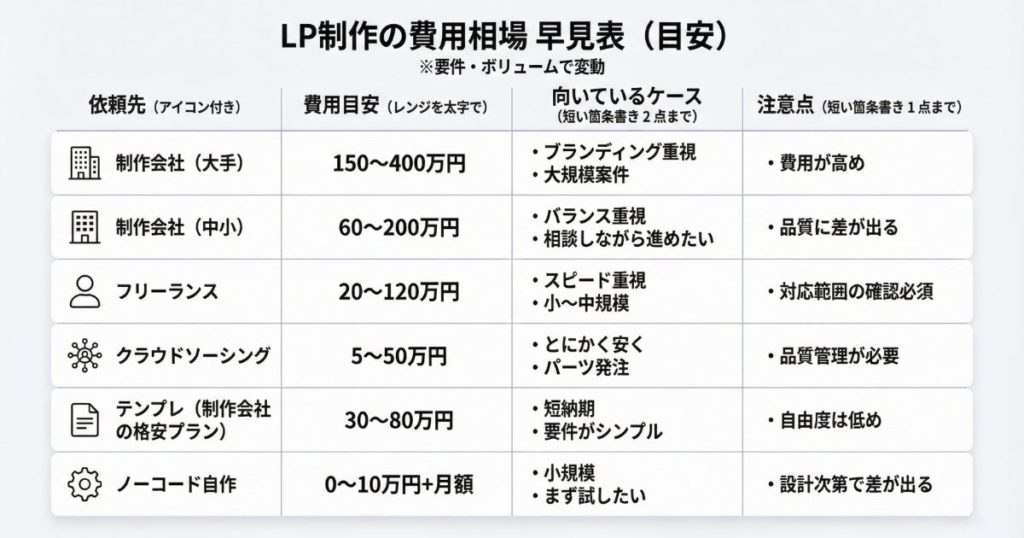 【結論】ひと目でわかる！LP制作の費用相場 早見表